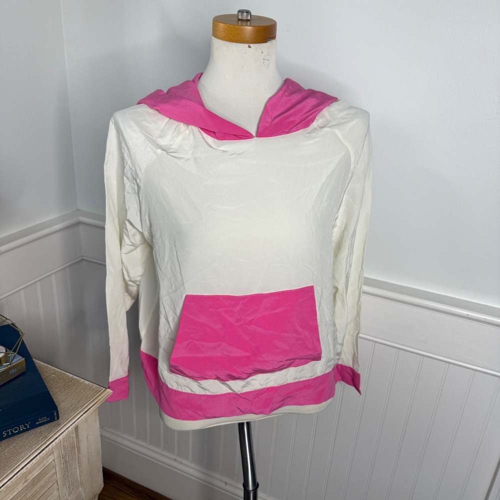 Shug Madison 100% Silk Colorblock Hoodie White Pink Small NWT